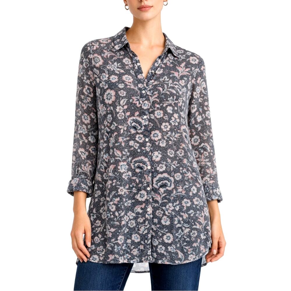 J.Jill floral print long-sleeve top collared button down tunic blouse size small